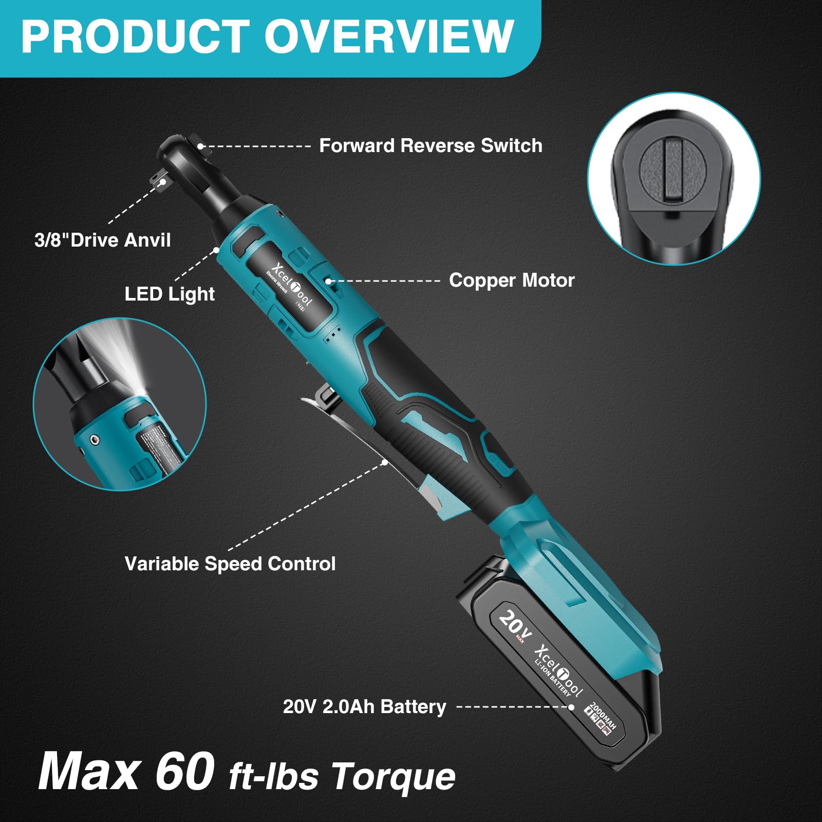 Funnyway 20V Cordless Ratchet Wrench, 3/8”Cordless Ratchet, Max Torque 80N.m, 320RPM Power Battery Ratchet with Variable Speed, Including 2 x 2.0Ah Batteries, LED Light, 6 Sockets (Red)