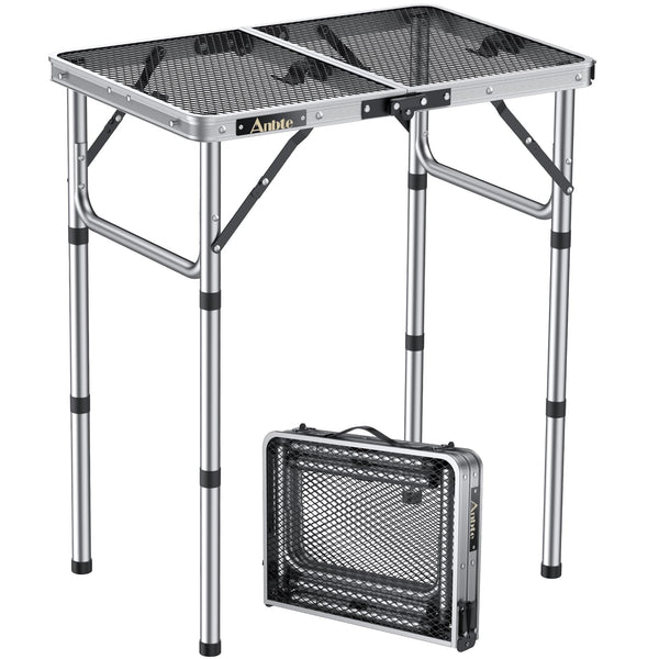 Anbte Folding Grill Table, 3 Adjustable Heights Aluminum Camping Table Heat Resistant with Mesh Desktop, Lightweight, Portable handle for Outdoor