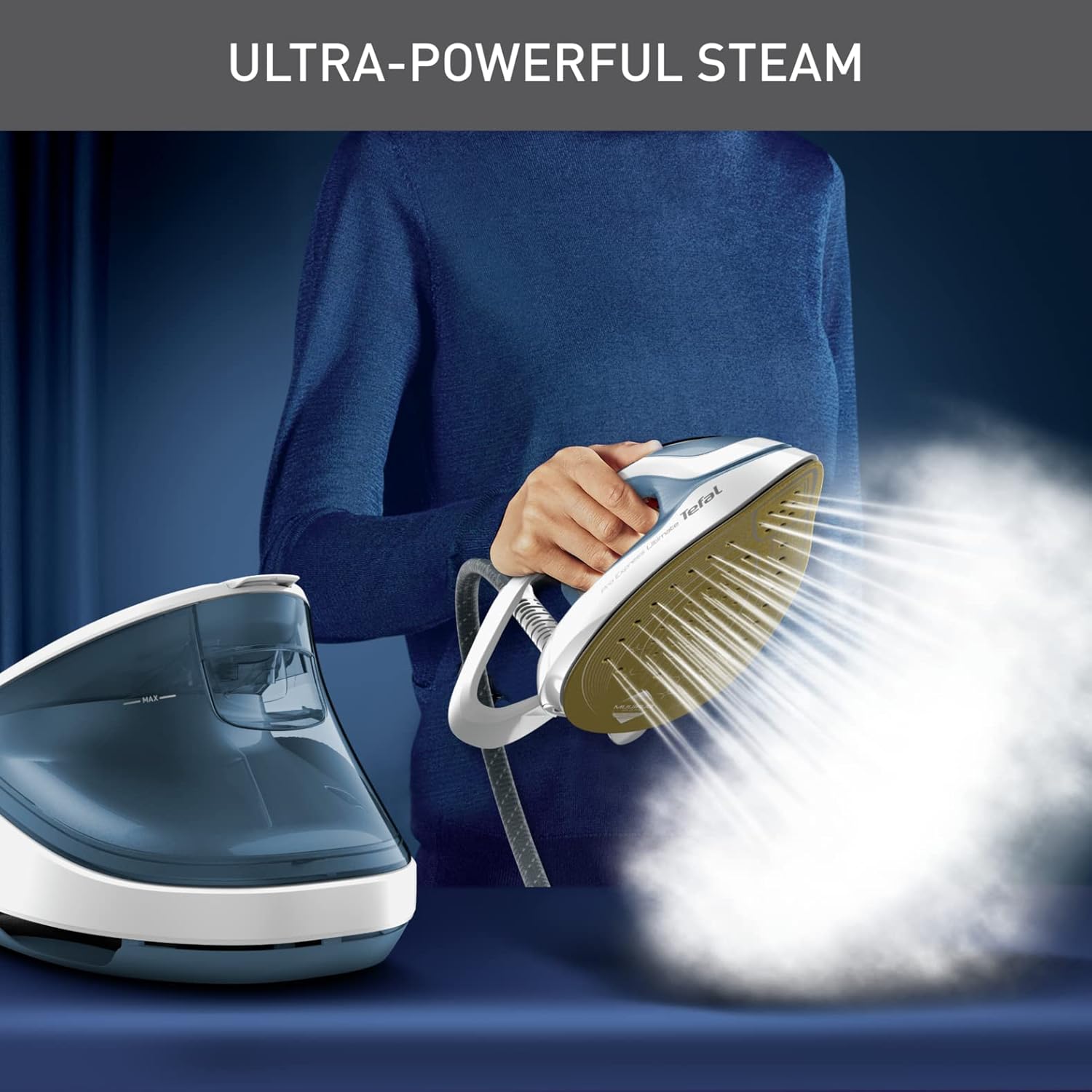 Tefal Pro Express Ultimate II, GV9710, High Pressure Steam Generator Iron, 2700W, 580g/min Steam Boost, 155 g/min cont. steam output, 7.6 Bar Pressure, GV9710 Pro Express Ultimate II, Blue & White