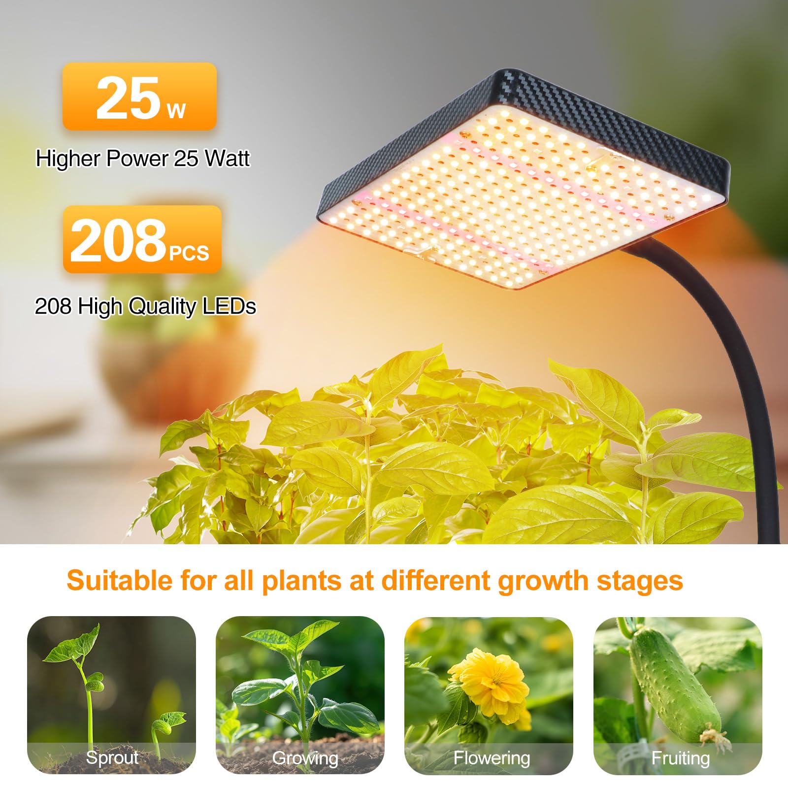 FECiDA Desk Grow Lights for Indoor Plants with Timer 4/8/12 Hr, Stepless Dimming Full Spectrum Grow Light for Bonsai Plants, 208PCS LEDs, 2000 Lumen,