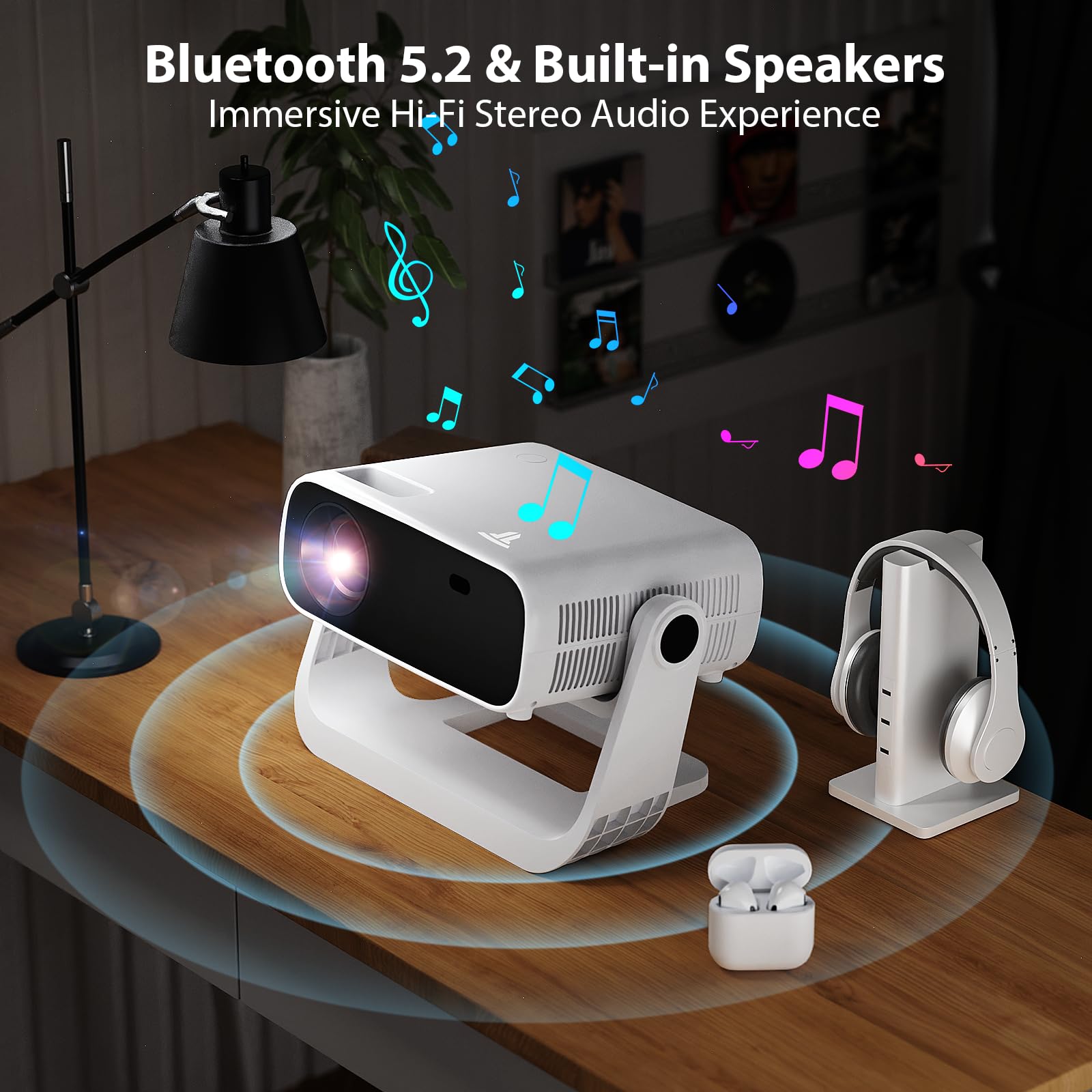 Wielio 2025 New Smart Projector Built-in Apps, Native 1080P 4K Supported, WiFi 6 & Bluetooth 5.2, Low Fan Noise (<30dB), 120° Adjustable Stand, Auto Keystone Home Cinema Projector for iOS/Android/PS5