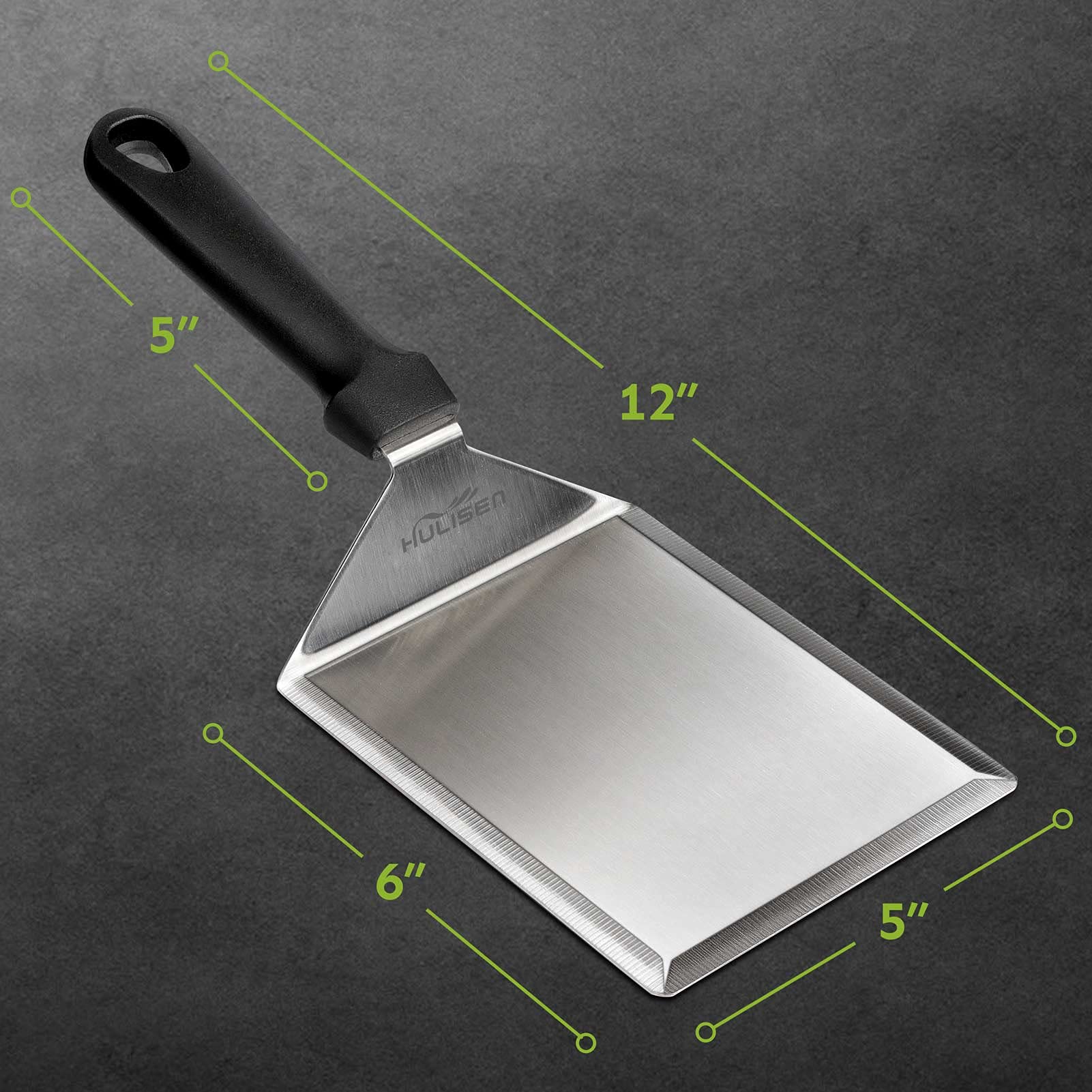 HULISEN Stainless Steel Griddle Spatula, 5" Wide Burger Spatula - Heavy Duty Hamburger Turner for Grilling Barbecue Flat Top Grill, 12 Inch Long, Dishwasher Safe