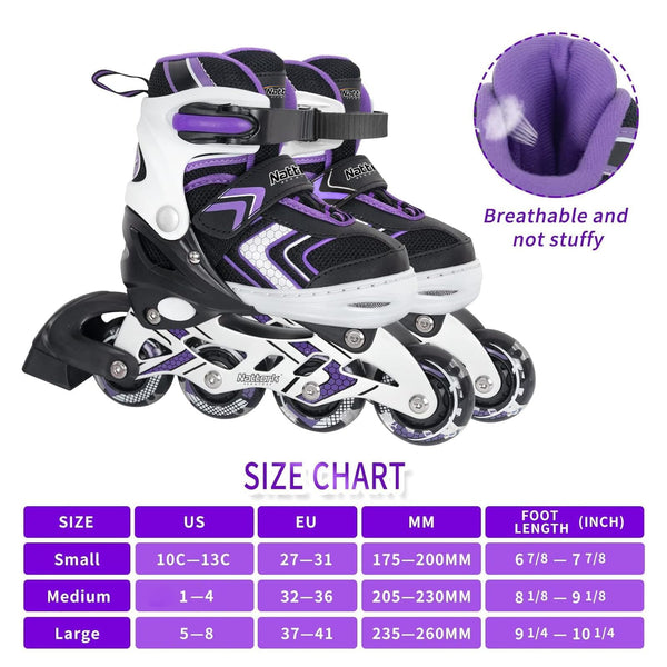 Adjustable Inline Skates for Girls, Girls Roller Skates with All Light up Wheels for Big Kids, Purple, Size 1 2 3