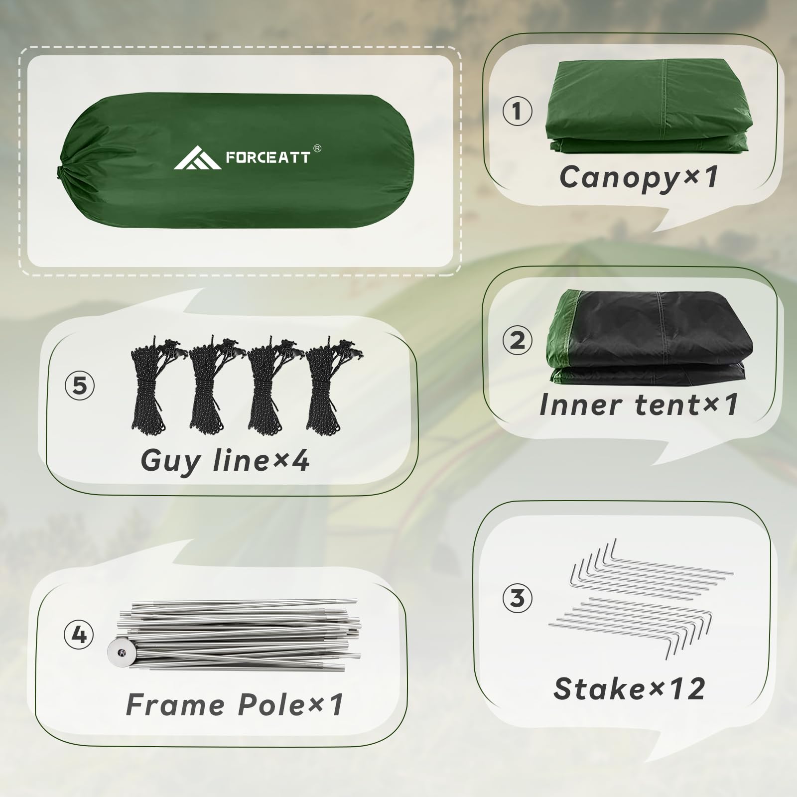 Forceatt Tent, 2-4 Man Tent for Camping, Easy Setup Lightweight Two Doors PU3000mm Waterproof Dome Tent, Windproof Instant Outdoor Tent Suitable for Traveling, Beach, Camping, Hiking, Mountaineering