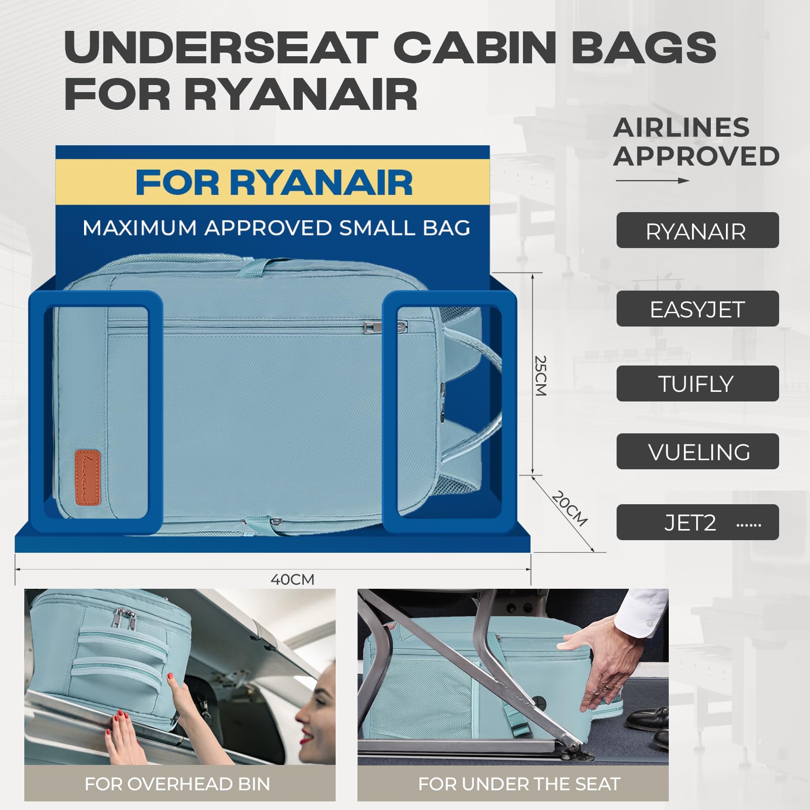 VMIKIV for Ryanair Cabin Bags 40x20x25 Underseat Carry On Bag,Small Travel Backpack Cabin Size for Men Women,Hand Luggage for Overnight, Weekend,Under Seat Casual Daypack for Airlines