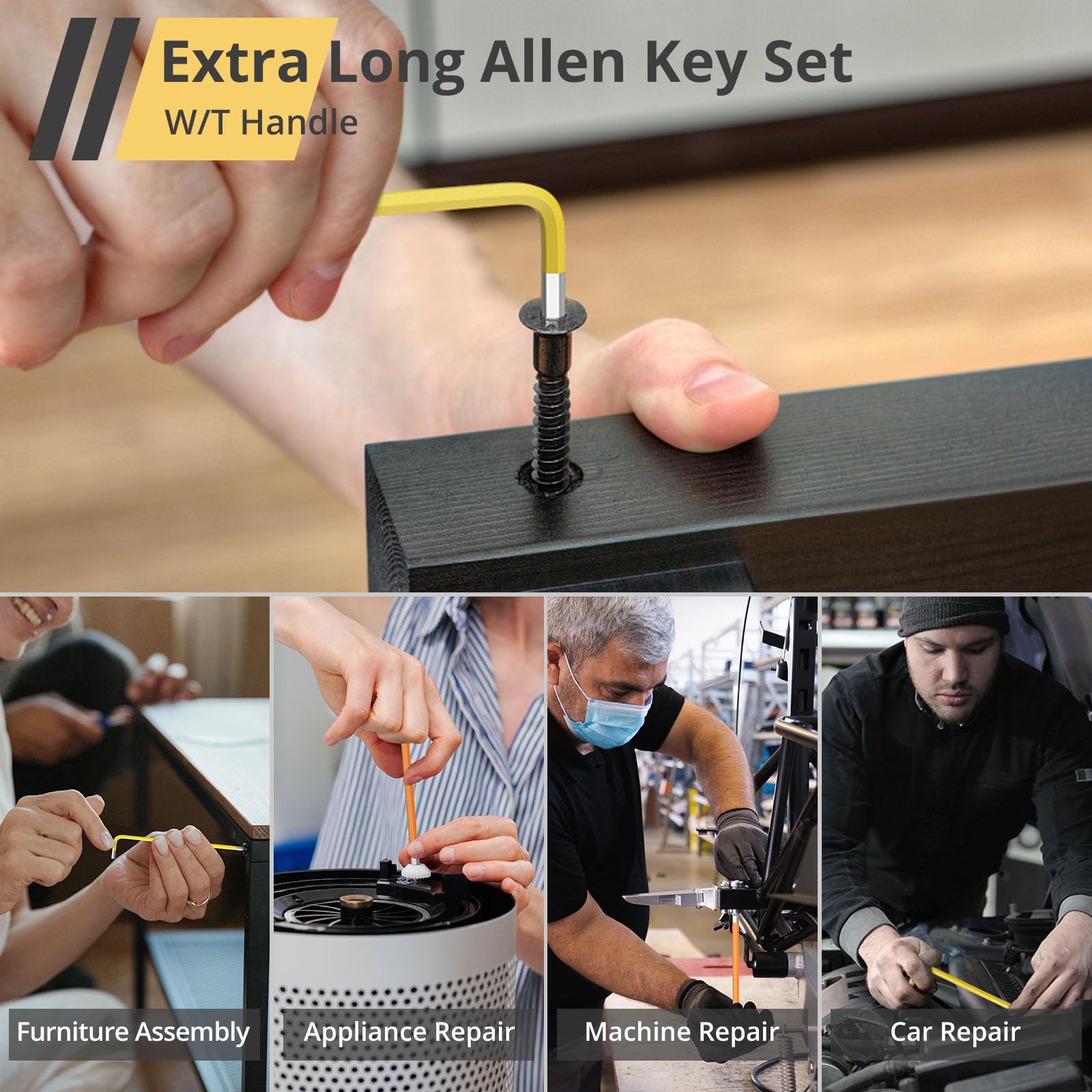 AMTOVL Hex Key Set, Allen Wrench Set, 18PCS Metric and SAE Allen Key Set Extra Long with Ball End T-Handle CRV & S2 Steel 1.5mm-10mm, 1/16-3/8