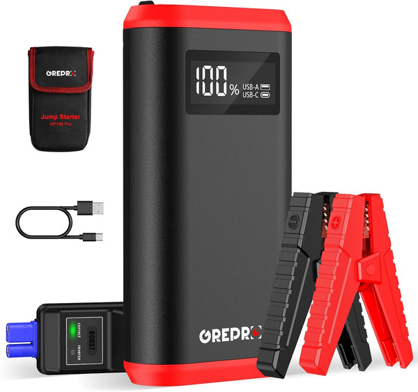 GREPRO Jump Starter Power Pack (up to 10.0L Gas, 8.0L Diesel), 3000A Car Battery Booster Jump Starter and Jump Pack for 12V Vehicles, Motorcycle, Jump Starter with LCD Screen and LED Flashlight Red