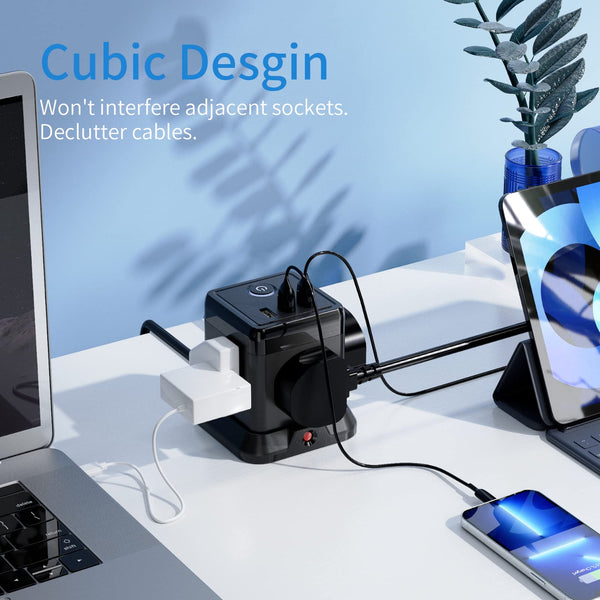 Hulker 3M Cube Extension Lead with 3 Slots 4 Gang Plug Socket with Switch 4 Way Power Strip with 3 USB Port 3 Metre Extension Cable Black 13A 3250W for Home Dorm Office