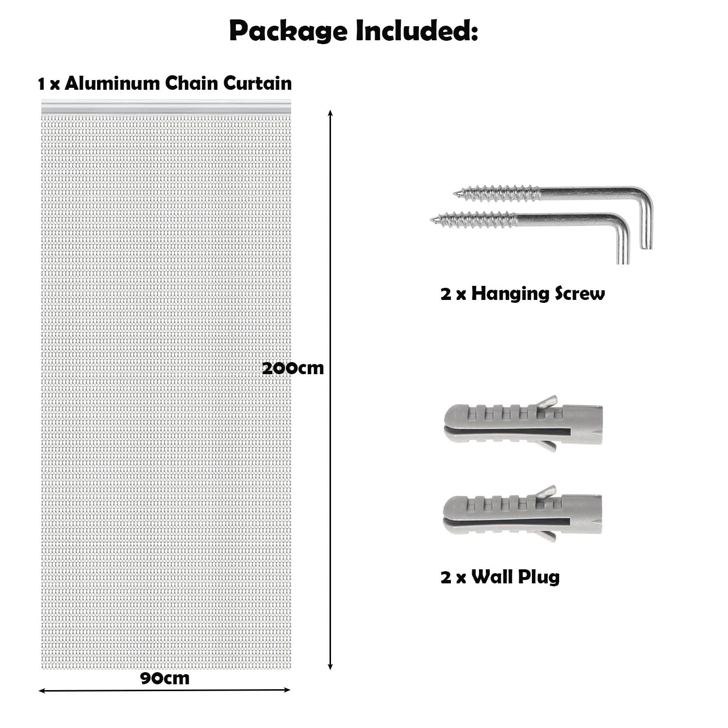 90 * 200cm Aluminium Chain Curtain Roller Blind Fly Insect Blinds Pest Control Screen Curtain for Door Window Home Decoration, Silver