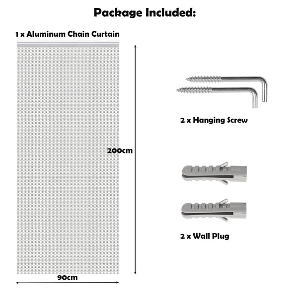 90 * 200cm Aluminium Chain Curtain Roller Blind Fly Insect Blinds Pest Control Screen Curtain for Door Window Home Decoration, Silver