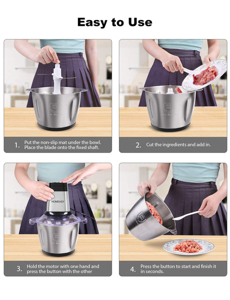 Homeasy Food Processor, Meat Grinder 2.5L Meat Blenders Food Chopper for Meat, Vegetables, Fruits and Nuts, Food Grinder Stainless Steel Bowl 500W 3