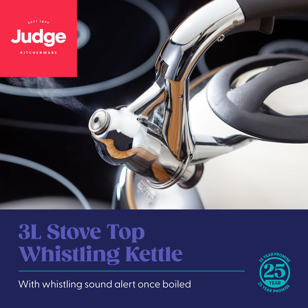 Judge 3L Stovetop Kettle - Stove Top Kettle for Gas Stoves & Electric Hobs - 18/10 Stainless Steel Whistling Kettle with Heat Resistant Handle -