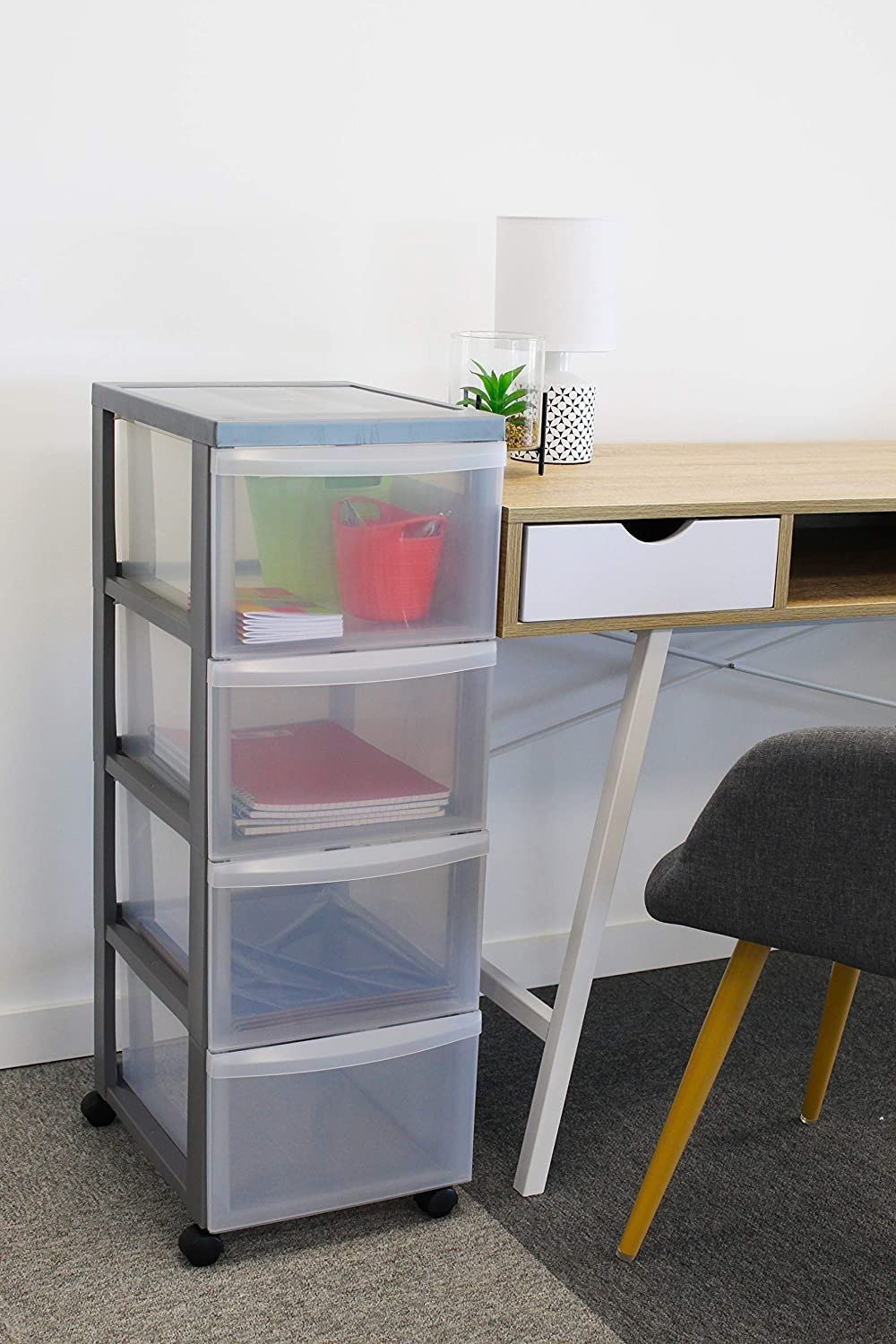 Iris Ohyama Plastic Storage Drawer Unit with Wheels, 4 Deep Drawers, Silver, Easy-Pull Handles, Supplies Organiser, For Bedroom, Bathroom, School &