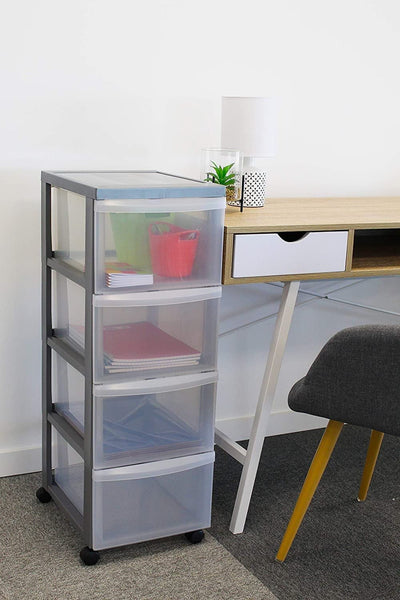 Iris Ohyama Plastic Storage Drawer Unit with Wheels, 4 Deep Drawers, Silver, Easy-Pull Handles, Supplies Organiser, For Bedroom, Bathroom, School &