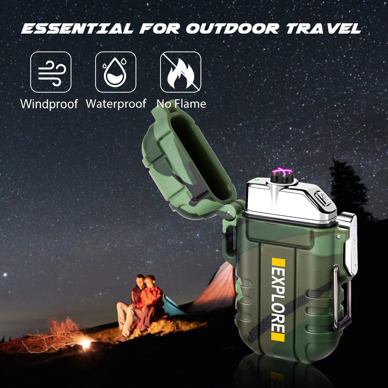 Electric Lighter Rechargeable USB, Electronic Plasma Arc Lighter Windproof and Waterproof for Hiking, Camping, Outdoor, Survival, Tactical, EDC Gear, Gifts for Him Men (Black)
