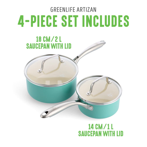 GreenLife Artizan Healthy Ceramic Non-Stick 14cm/1l and 18 cm/2l Saucepan Pot Set with Lids, Stainless Steel Handle, Induction, PFAS-Free, Oven Safe,
