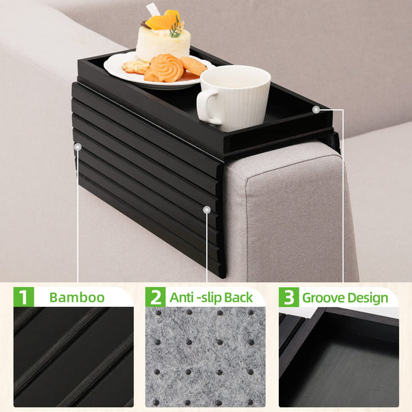 GEHE Natural Bamboo Sofa Arm Tray, Armrest Tray Table Anti-Slip, Couch Cup Holder for Snacks, Phone, Control, Cups, Flexible and Foldable, Black