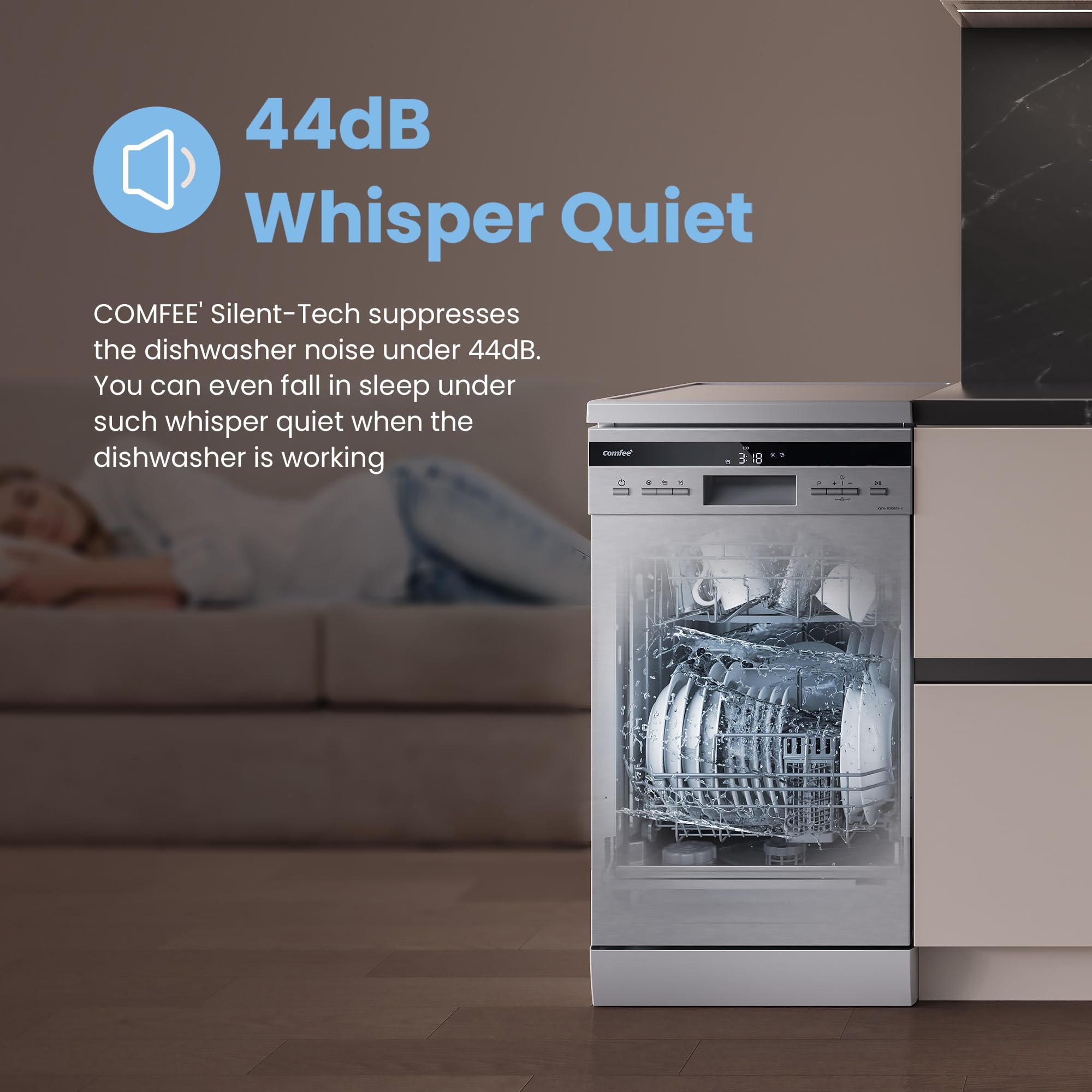 COMFEE' Freestanding Dishwasher CDWEF1034BW-UK 45cm Width, Slimline Dishwasher with 10 place settings, Quick Wash, Hygiene Wash, Delay Start, Half Load, Adjustable Basket - White