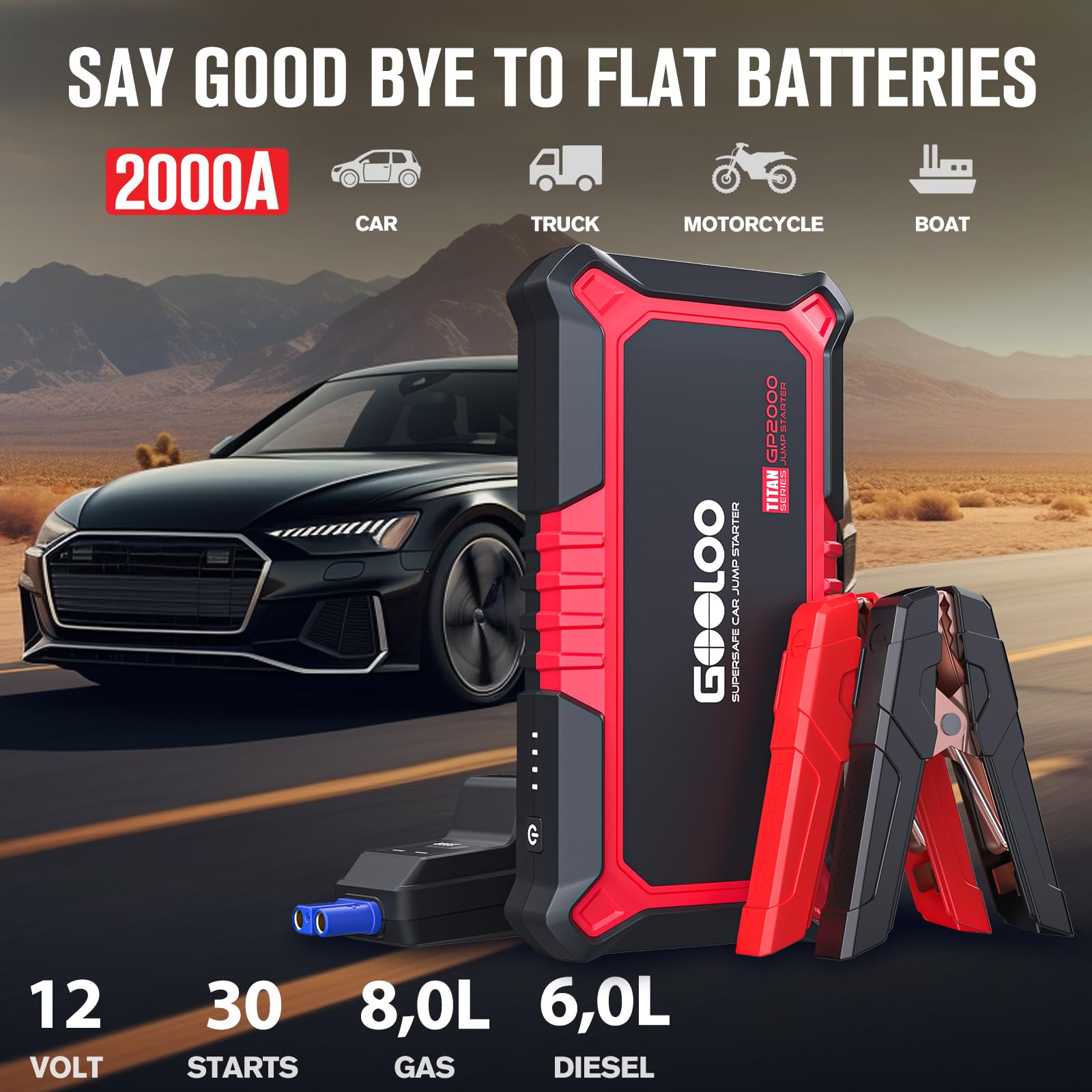 GOOLOO 1500A Jump Starter Power Pack, Car Battery Booster Jump Starter for 12V Vehicle(Up to 6.0L Gas,4.0L Diesel), Jump Pack and Jump Starters, With Smart Jumper and LED Torch
