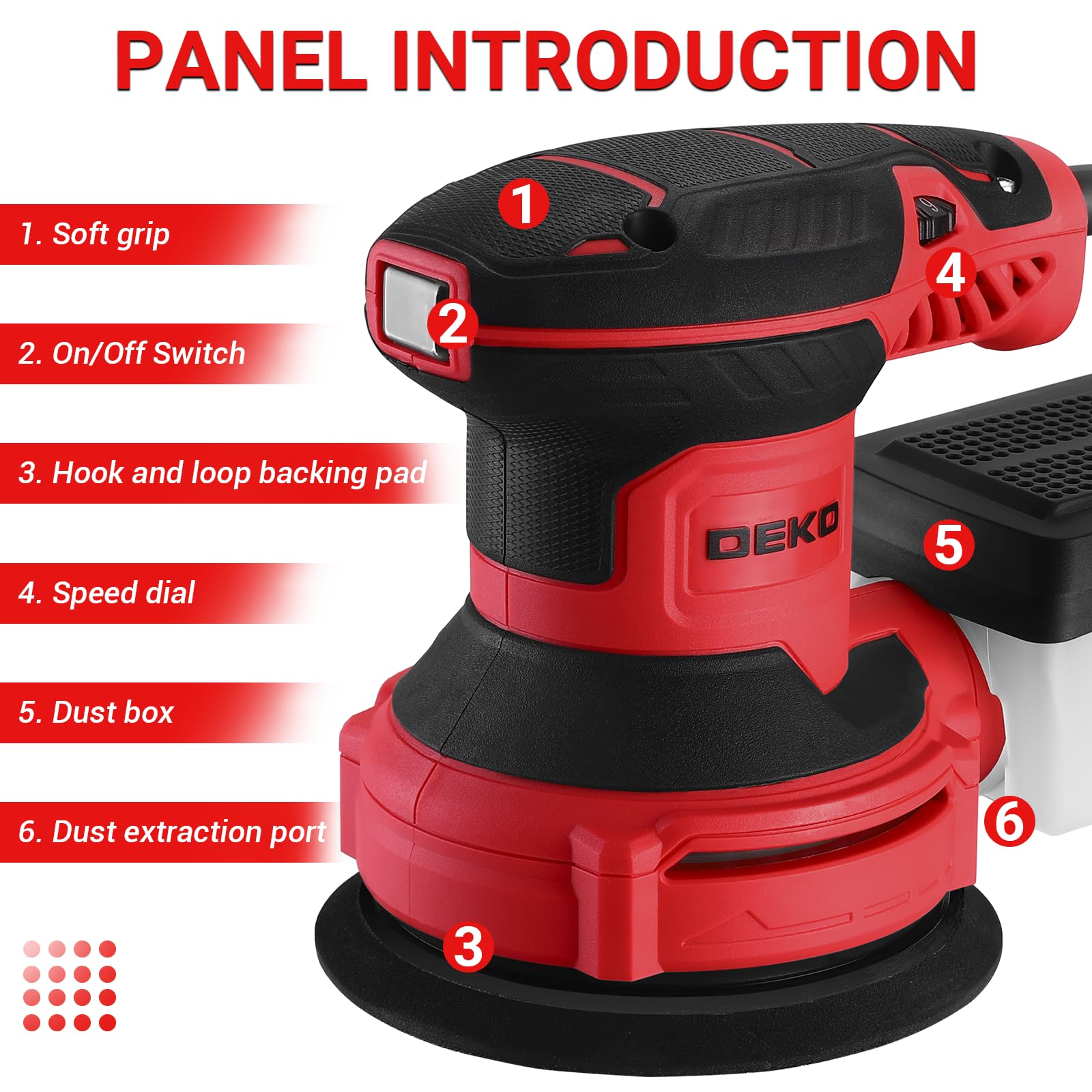 DEKOPRO Random Orbit Sander 300W with 16Pcs Sandpapers, 6 Variable Speed 14000RPM, 125MM Hand Electric Tool, High Performance Dust Collection System, Fit for Woodworking/Sanding