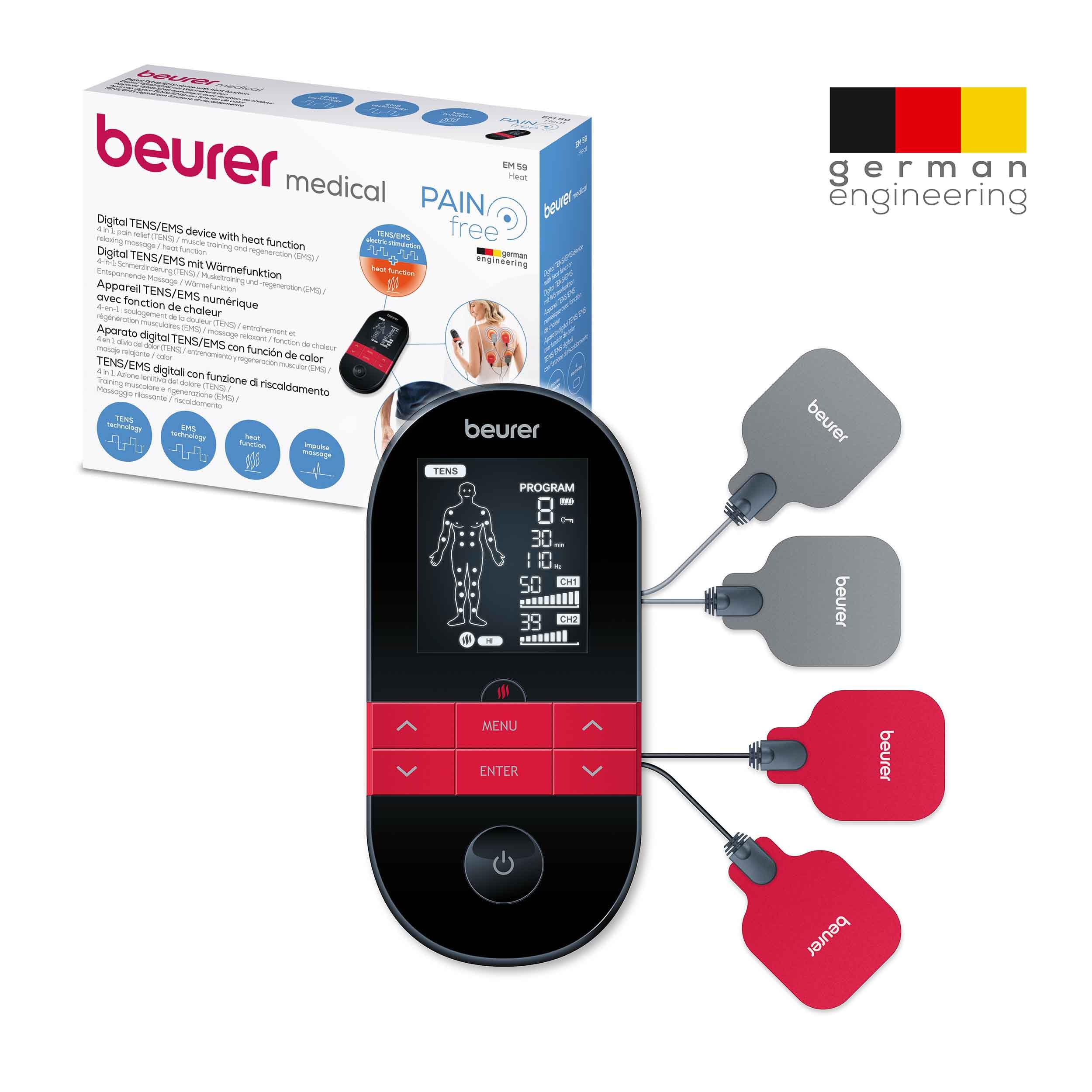 Beurer EM59 Digital TENS/EMS Device with Heat, 4-in-1 stimulation device for pain therapy, muscle stimulation, massage and heat therapy, 4 electrodes, 70 programmes, 50 intensity levels