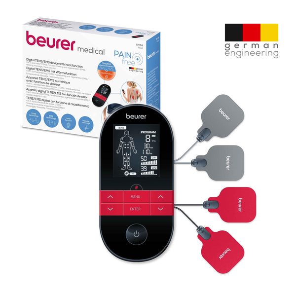 Beurer EM59 Digital TENS/EMS Device with Heat, 4-in-1 stimulation device for pain therapy, muscle stimulation, massage and heat therapy, 4 electrodes, 70 programmes, 50 intensity levels