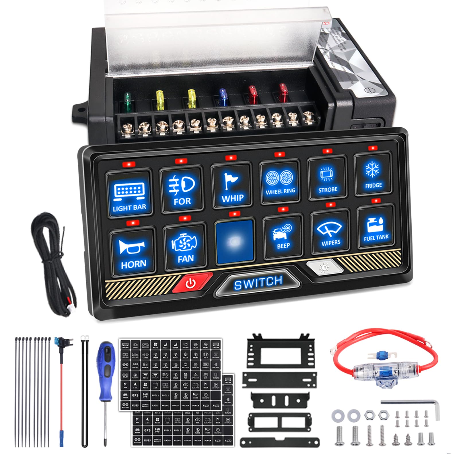 Chelhead 12V/24V Switch Control Panel RGB 6 Gang Dimmable Multi-Function Programmable Switch Panel Acc Battery Control Waterproof, Compatible with Truck Boat SUV RV Trailer Marine ATV UTV