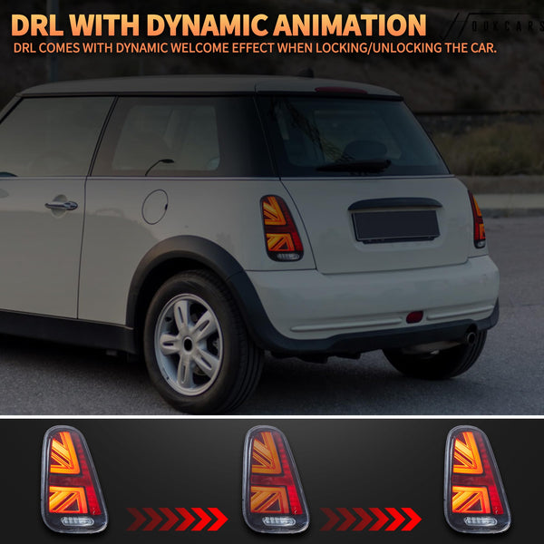 VLAND LED Rear Lights Compatible with Mini Cooper R50 R52 R53 2001-2006 1st Gen Hatch/Convertible, Union Jack Tail Lights w/Startup Dynamic Display & Sequential Indicator, 1 Set (Red)