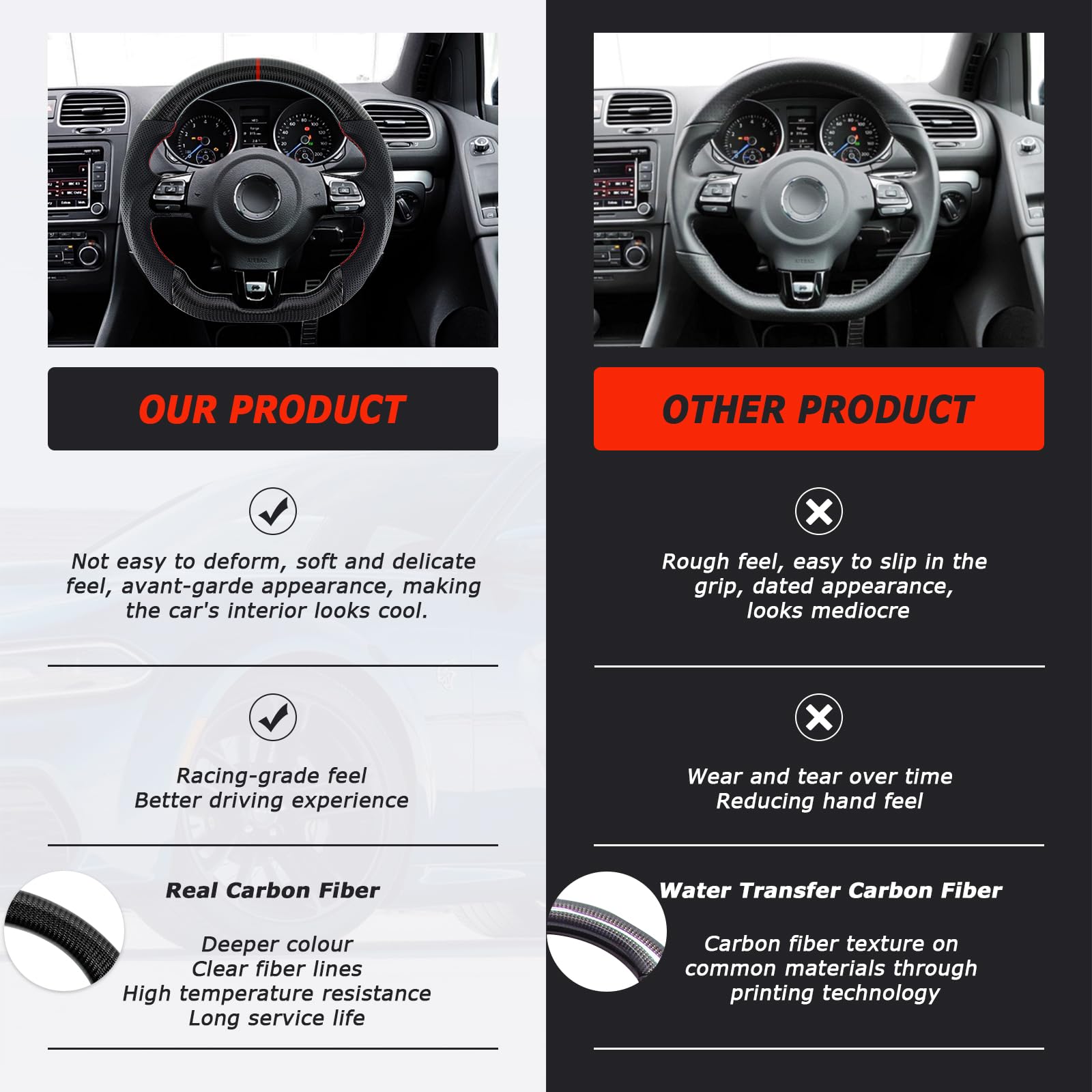 Acclcors Carbon Fiber Steering Wheel, D-Shaped Flat-Bottomed Steering Wheel with Red Stitching, Perforated Leather Grip for VW Volkswagen Golf MK6 2008-2014