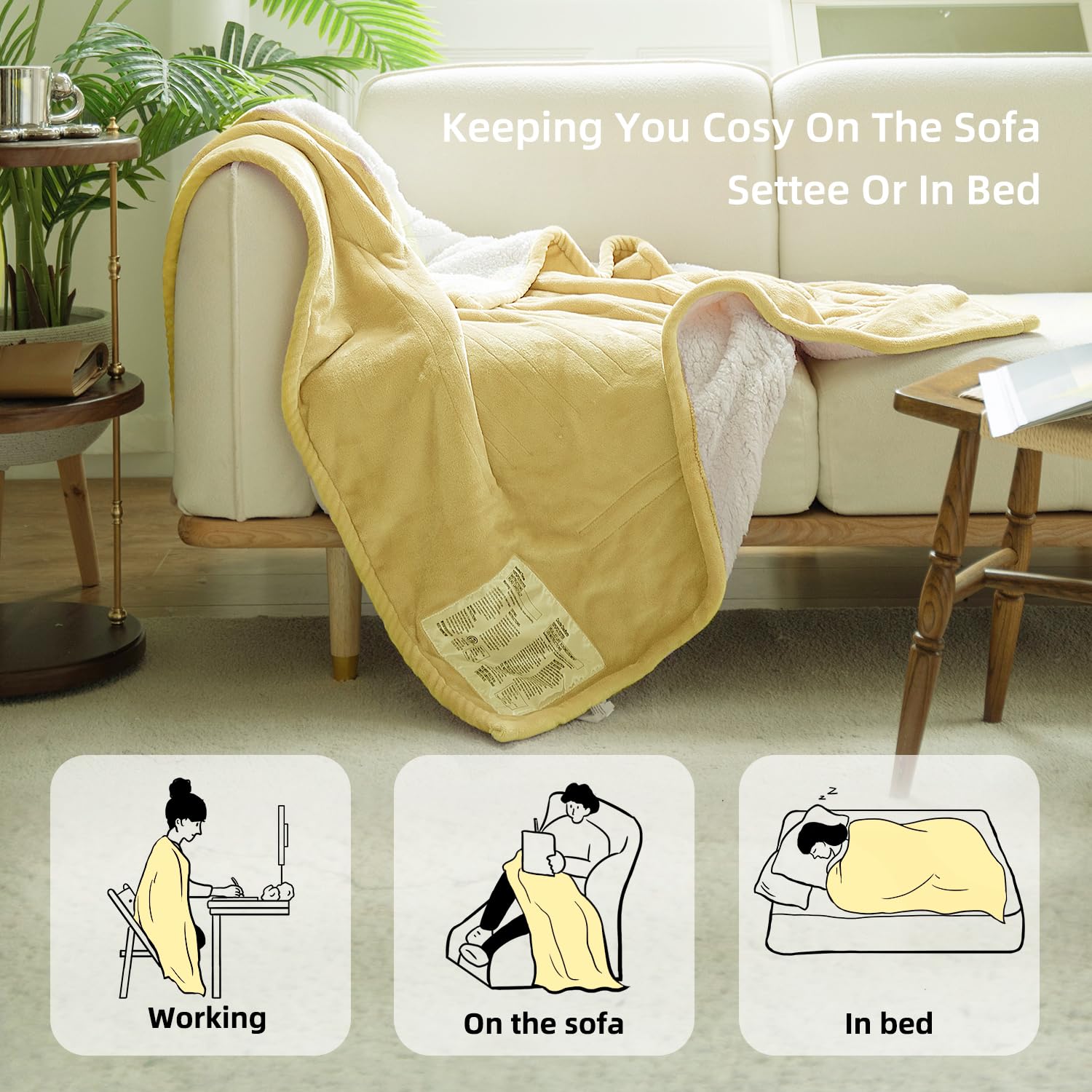 GOTCOZY Heated Blanket Electric Throw 130x160cm -Soft Silky Plush Heated Blanket with 6 Heat Settings & 10 Hours Auto-Off Timer For Home Office Use