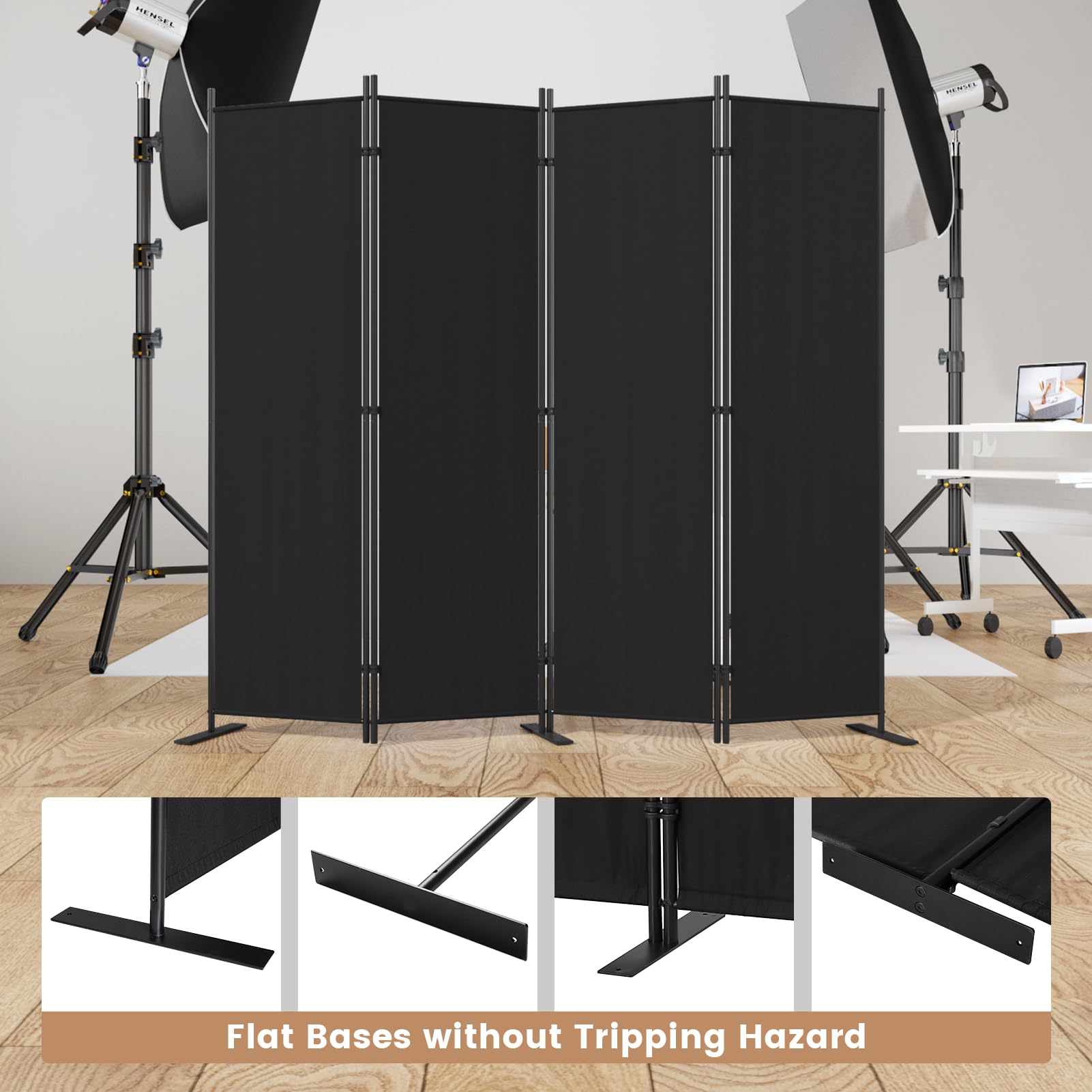 C-Hopetree 6 Panels Room Divider, 180cm Tall Indoor Folding Privacy Screen, Portable Partition Separator, Freestanding Separation Temporary Wall for Office, Bedroom, 304cm W X 180cm H, Black