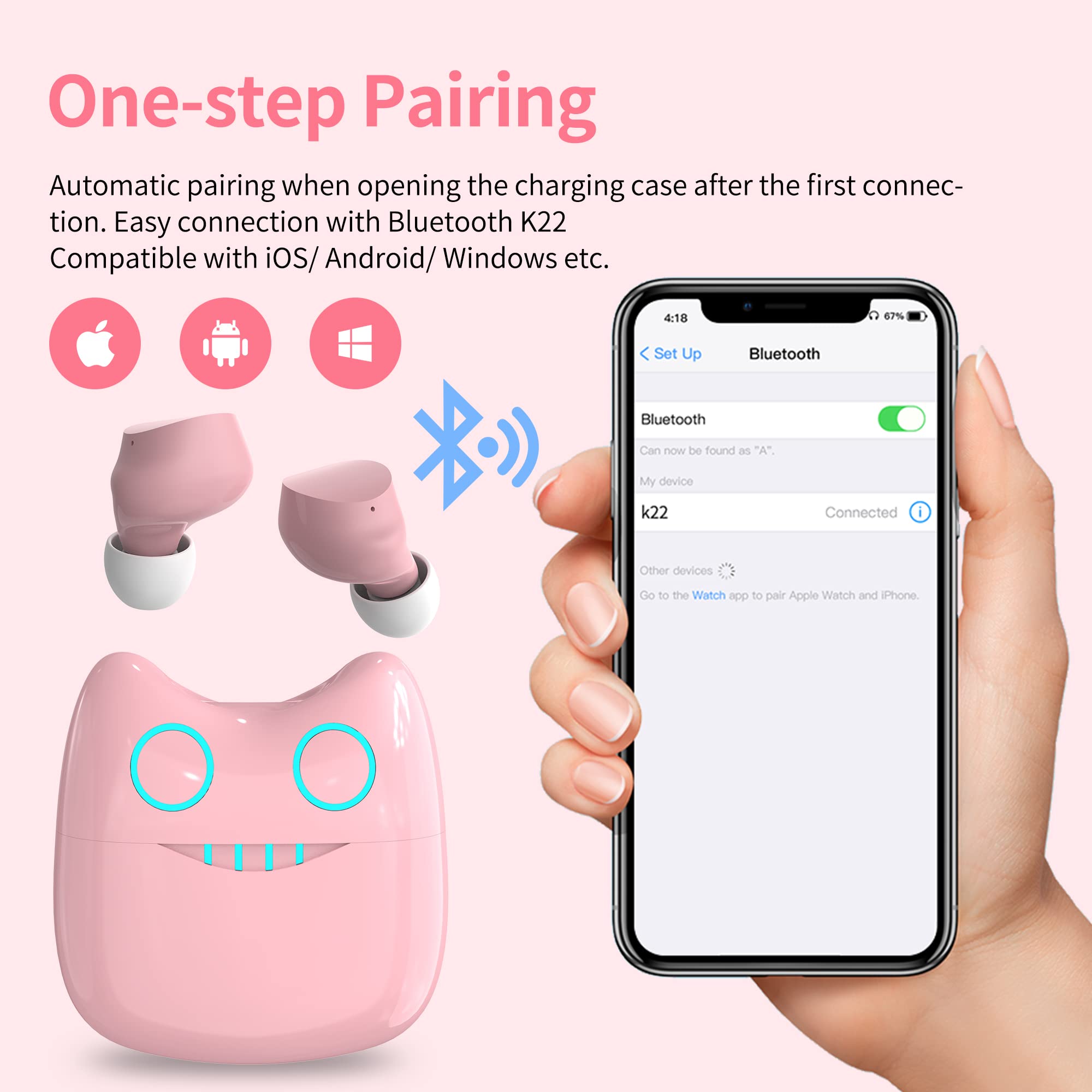 Earbuds for Kids Cute Design in-Ear Wireless Earphones for Kids Boys Adult Bluetooth 5.3 Waterproof Sport Stereo Headphones with Mic for Phone