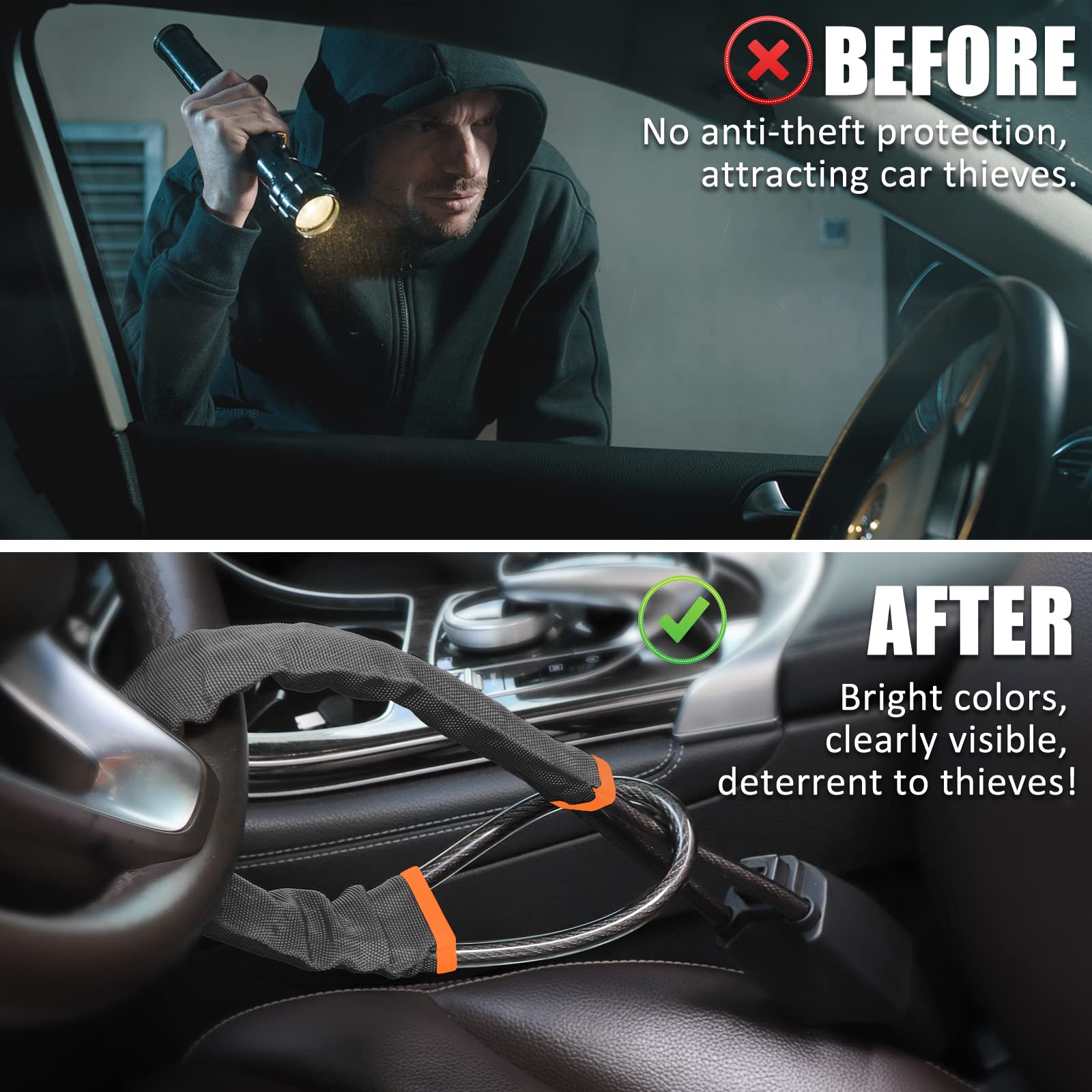 Tevlaphee Steering Wheel Lock, Steering Lock, Car Steering Wheel Locks, Steering Wheel to Seat Belt Lock, High Visibility Car Lock Anti-Theft Device, Heavy Duty, Universal Fit, 3Keys (Green)