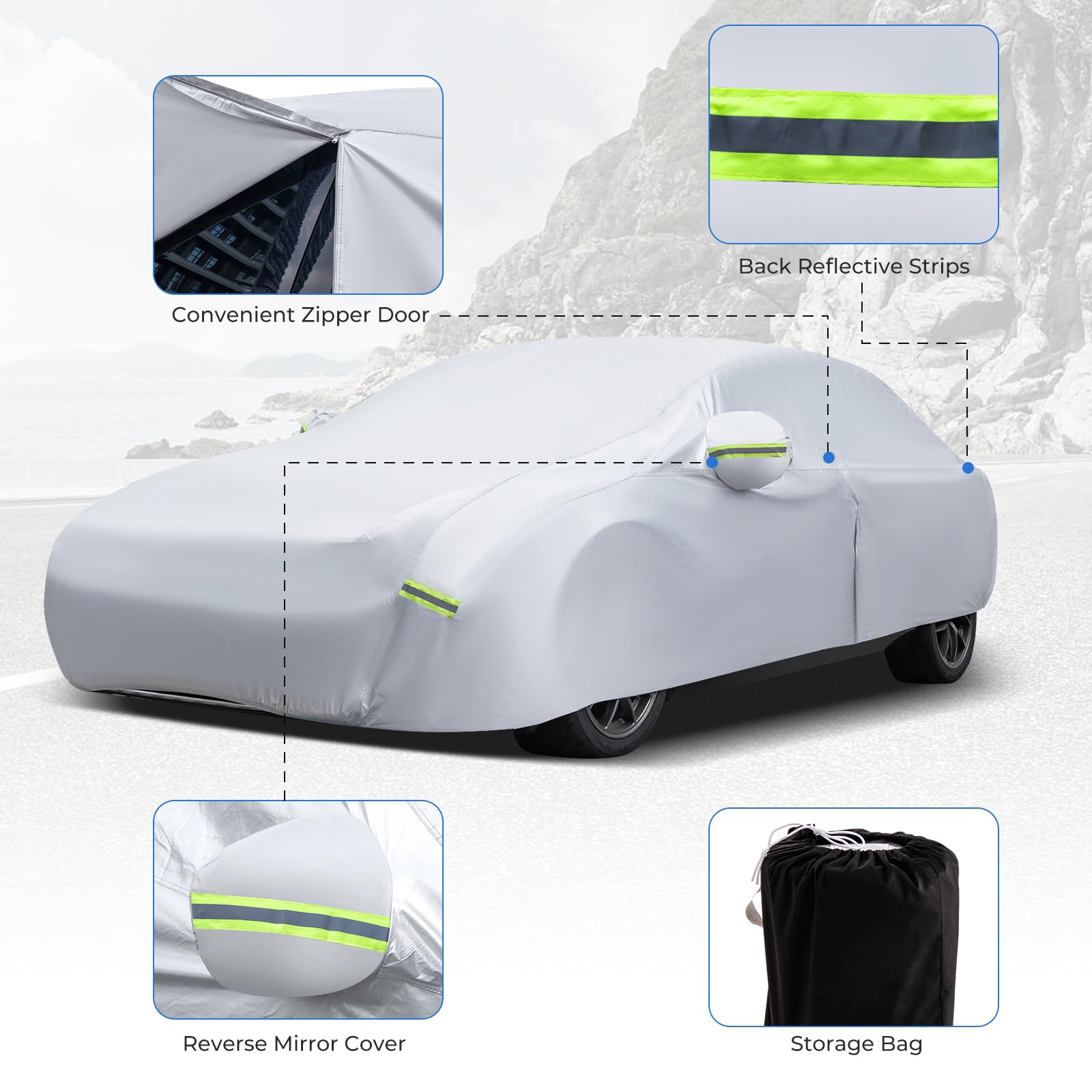 COSTWAY Car Cover Waterproof, Universal Full Car Cover with Zipper Door, Reflective Strips & Storage Bag, All Weather Windproof Snowproof UV Protection (Fit Sedan, Length Up to 190”(482cm))