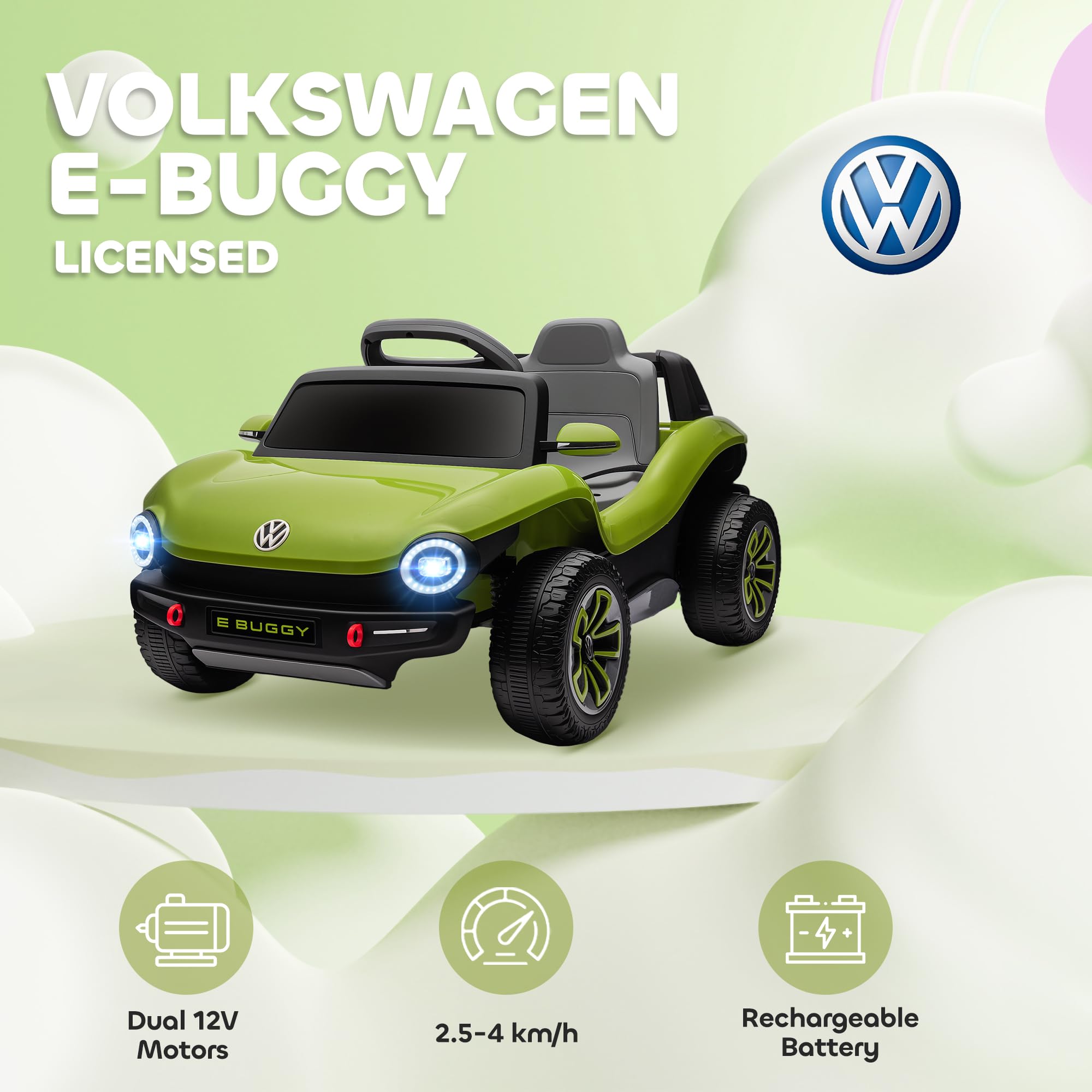AIYAPLAY Volkswagen E-Buggy Licensed Electric Car for Kids, 12V Kids Electric Ride on with Remote Control, Suspension, Slow Start, LED Lights, USB, Music, Horn, for Ages 3-6 Years, Pink