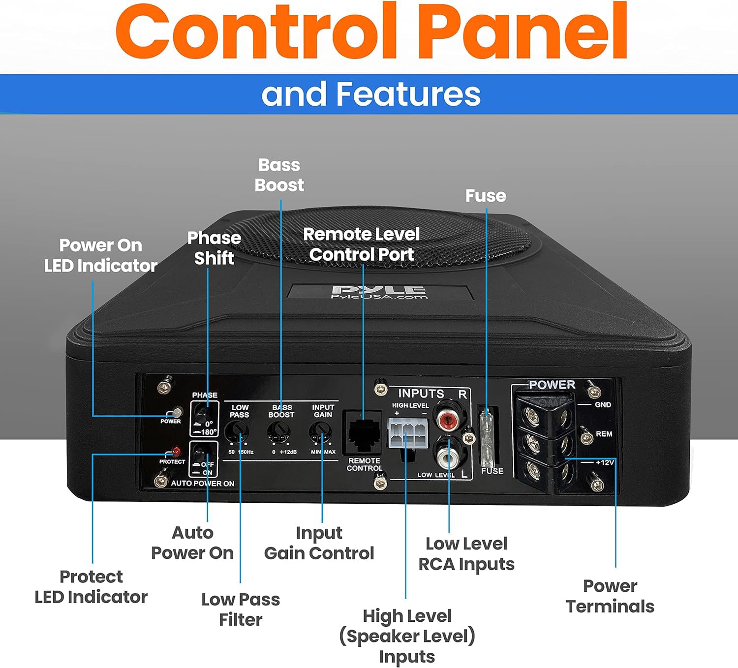 Pyle 8-Inch Low-Profile Amplified Subwoofer System - 600 Watt Compact Enclosed Active Marine Underseat Car Subwoofer with Built in Amp, Powered Car Subwoofer w/Low & High Level Inputs