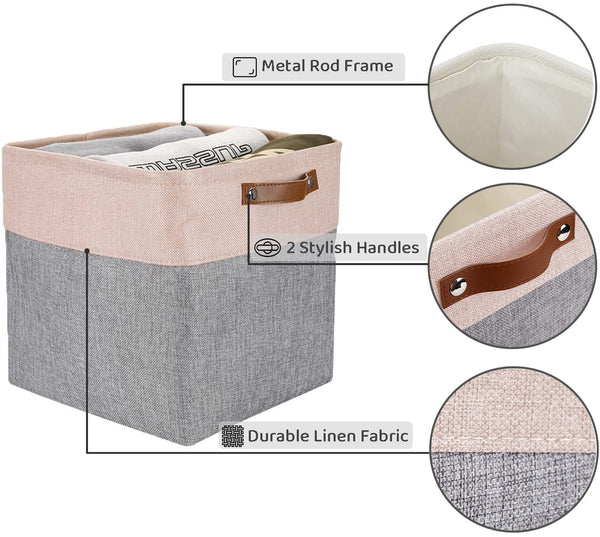 Mangata Kallax Storage Boxes, Set of 4 Fabric Storage Cubes with Handles(33x38x33cm, Grey Pink)