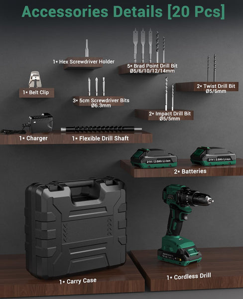 JYGMPRO Cordless Drill Driver 21V, Hammer Drill with 2 Batteries 2000mAh, 25+3 Torque, 42N.m Max Electric Drill, 30PCS Drill Bits, 2 Speed, LED Light for Home and Garden DIY Project