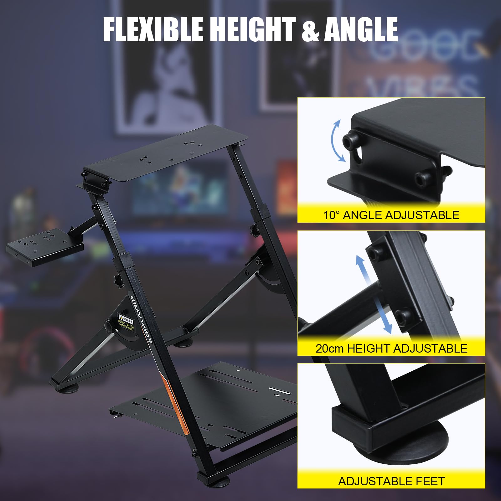 GTPLAYER Steering Wheel Stand for G25 G27 G29 G920 Foldable Racing Wheel Stand with Cup Holder Adjustable Height/Angle, Driving Simulator Gaming Wheel Stand