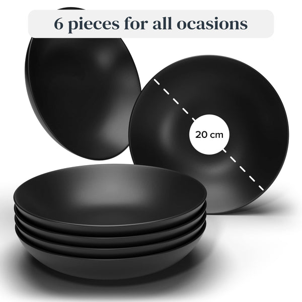 Manhattan Urban Black Line - 6-Piece Matte Black Soup Plate Set - Premium Stoneware, Dishwasher and Microwave Safe - Stylish Deep Plate Set, Perfect