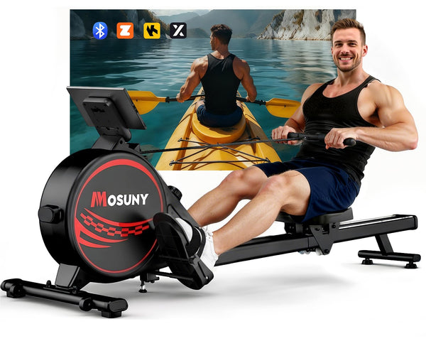 Rowing Machine, MOSUNY Ultra-Quiet Magnetic Rowing Machines for Home Gym with 16/32 Level Resistance & App Support, Upgrade Smooth Double Glide System, 350LBS Capacity Foldable Rower with LCD Monitor