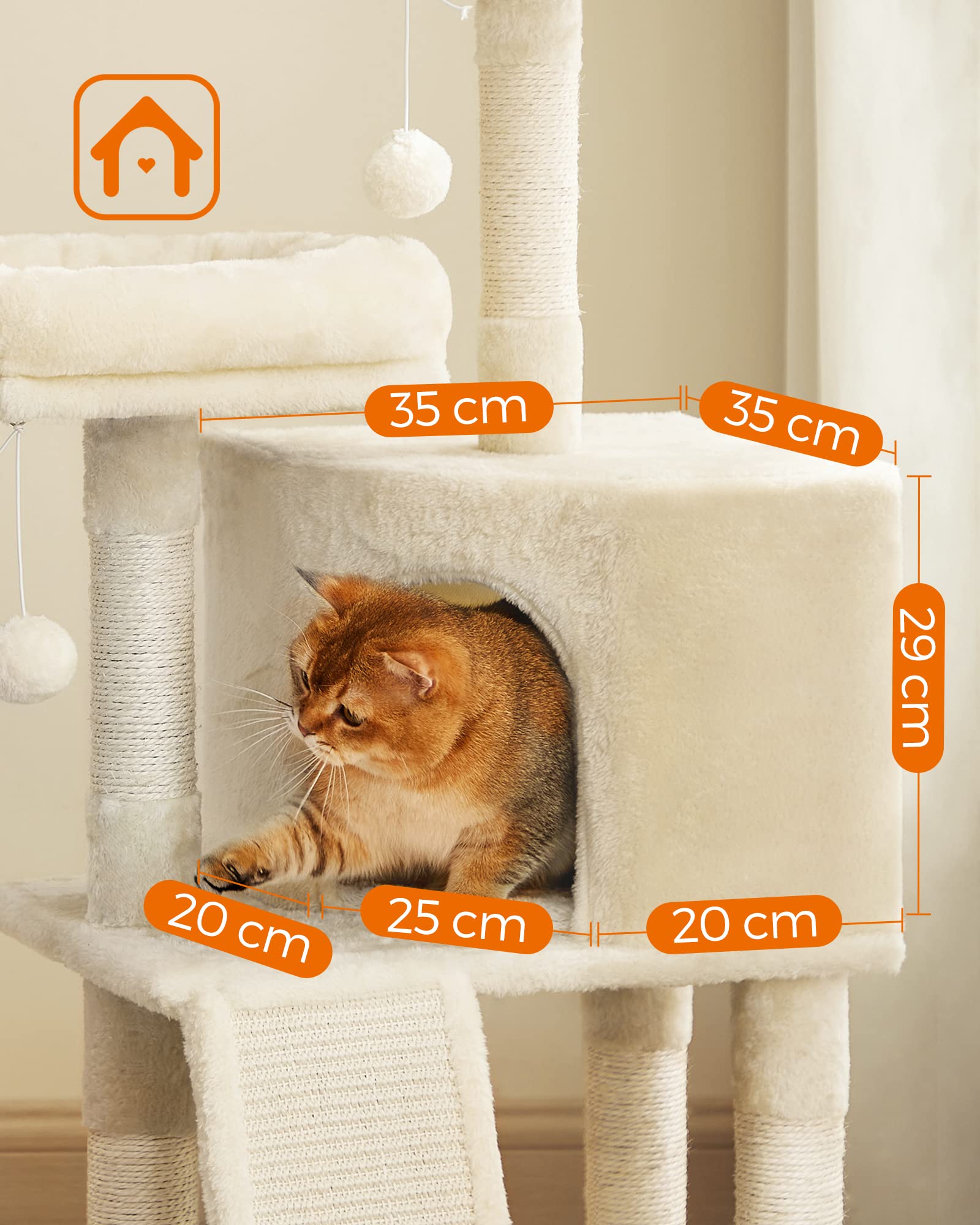 FEANDREA Cat Tree, Cat Condo 115 cm, Scratching Ramp, Beige PCT141M01