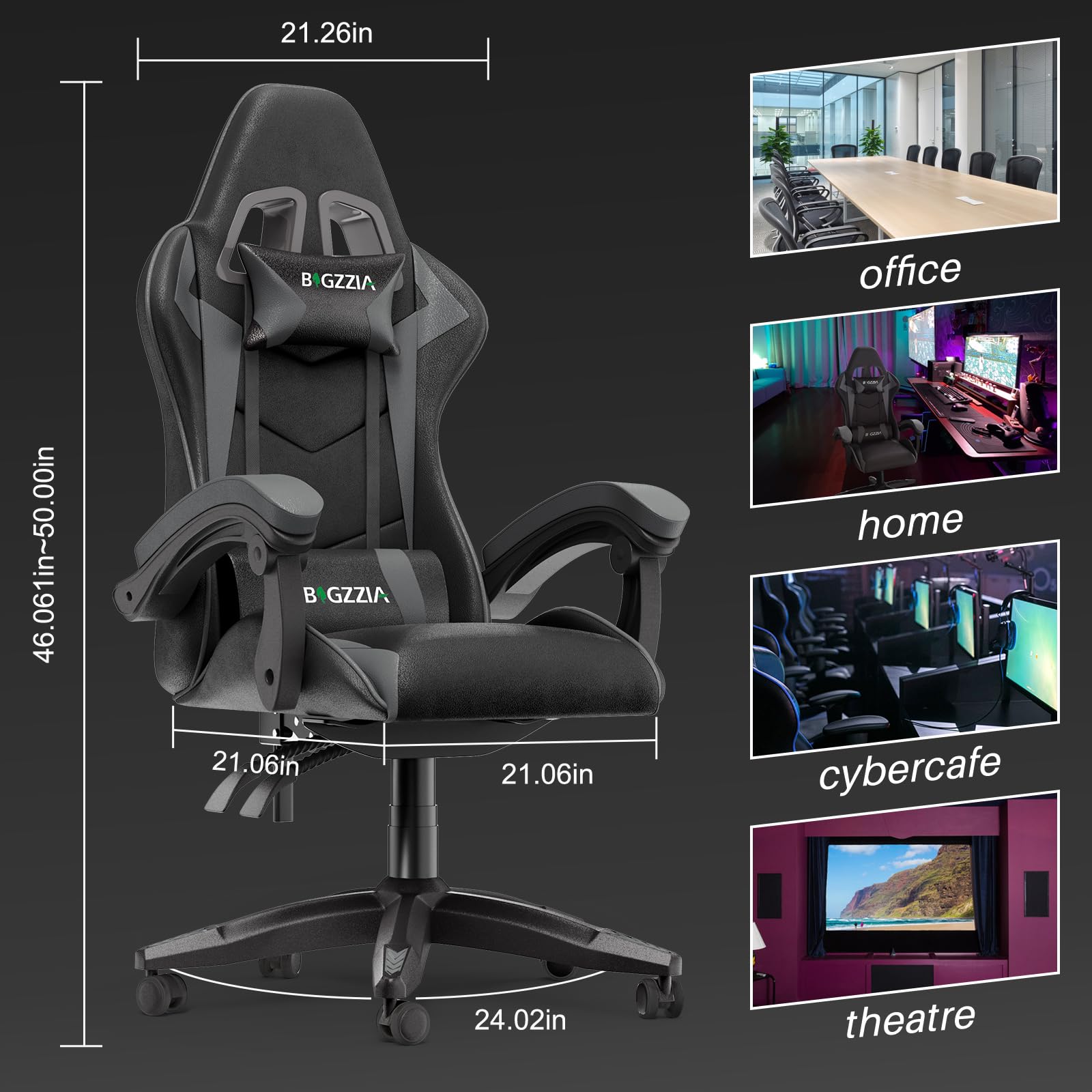 bigzzia Ergonomic Gaming Chair - Gamer Chairs with Lumbar Cushion + Headrest, Height-Adjustable Office & Computer Chair for Adults (without footrest, White)
