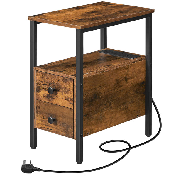 HOOBRO Side Table, Narrow Bedside Table with Charging Station, USB Ports and Power Outlets, Slim Side Table for Small Spaces, 2 Drawers, Industrial