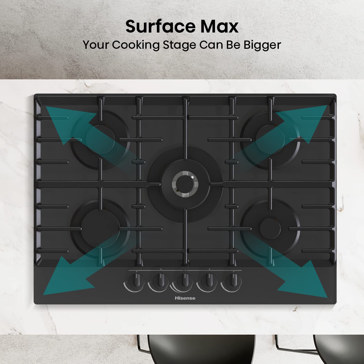 Hisense GM773XF 75cm 5 Burners Built-in Gas Hob with Easy Clean Surface, Wok Burner - Stainless steel