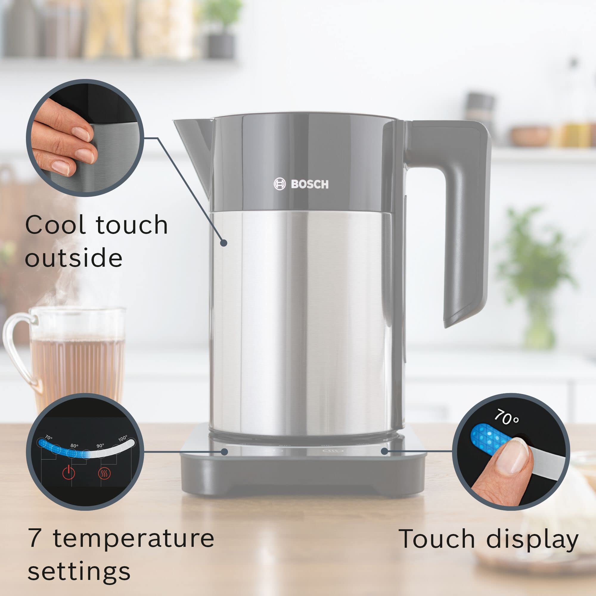 Bosch Sky TWK7203GB 7 Variable Temperature settings & KeepWarm function, Cordless Kettle, 1.7 Litres, Black/Silver