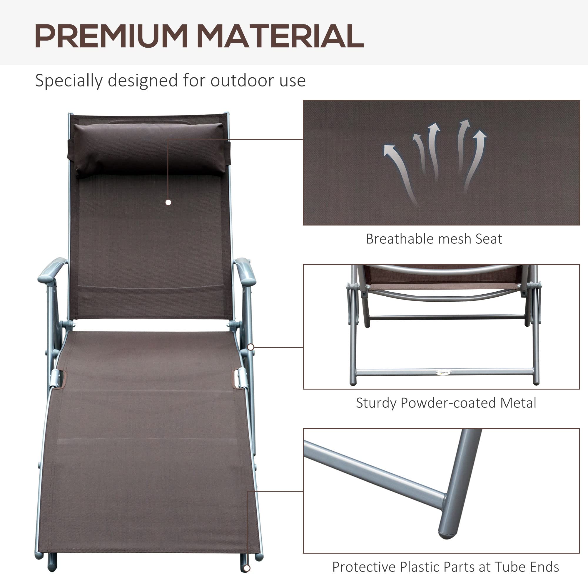 Outsunny Sun Lounger Steel Frame Outdoor Folding Chaise Texteline Lounge Chair Recliner with Headrest & 7 Levels Adjustable Backrest, Cream White