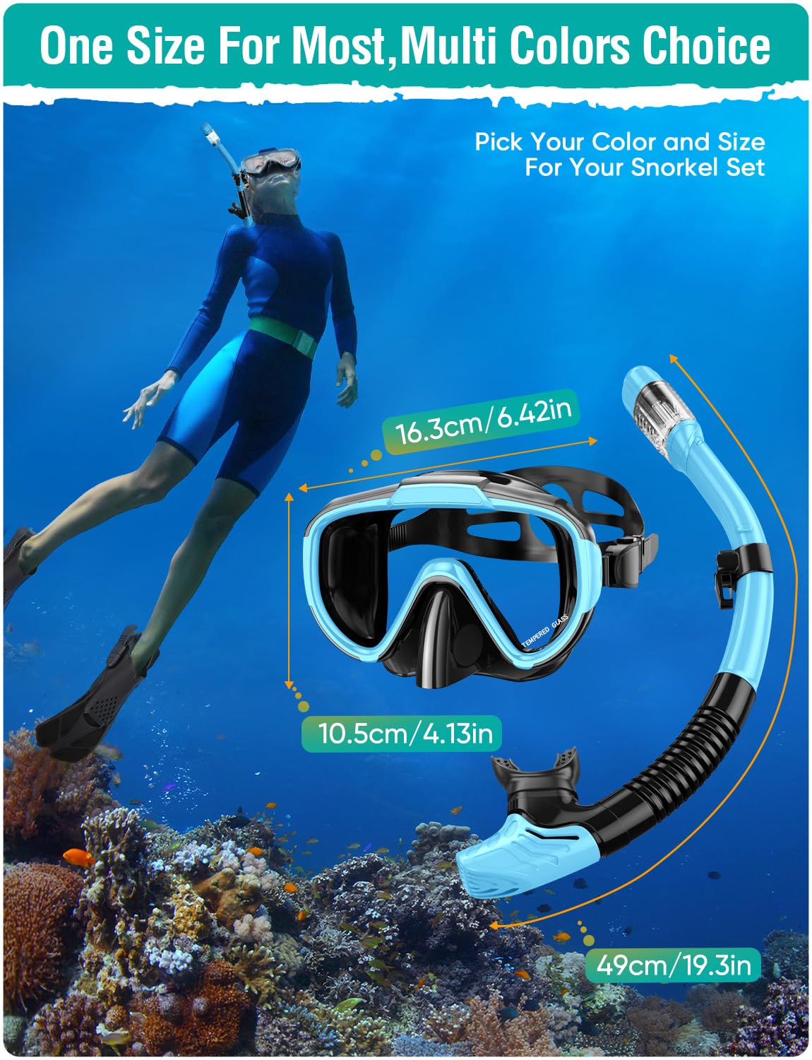 Lealinga Snorkel Set Adults Snorkel Mask Anti-Fog Panoramic View Diving Mask Dry Top Snorkel Kit with Travel Bag Diving Set for Snorkeling Scuba Diving Swimming Travel