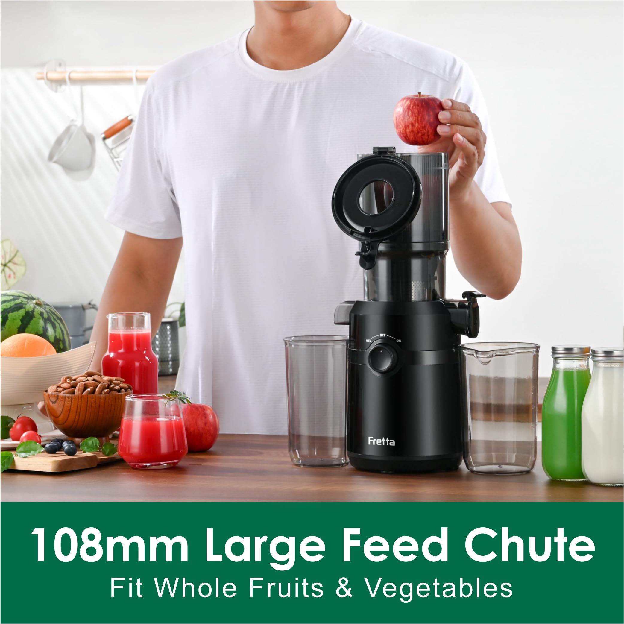 Cold Press Juicer Machines,Fretta Slow Masticating Juicer with 108mm &1.0L Hopper for Whole Fruits and Vegetables,200W Self Feeding High Yield Juice Extractor,BPA Free Tritan, (Black)