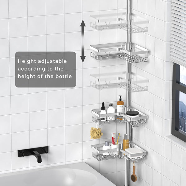 Kegii Telescopic Shower Caddy Corner - Stainless Steel Shower Shelf No Drilling Bathroom Caddy with Soap Holder and Hooks(White), On The Bath or Stand Up Shower